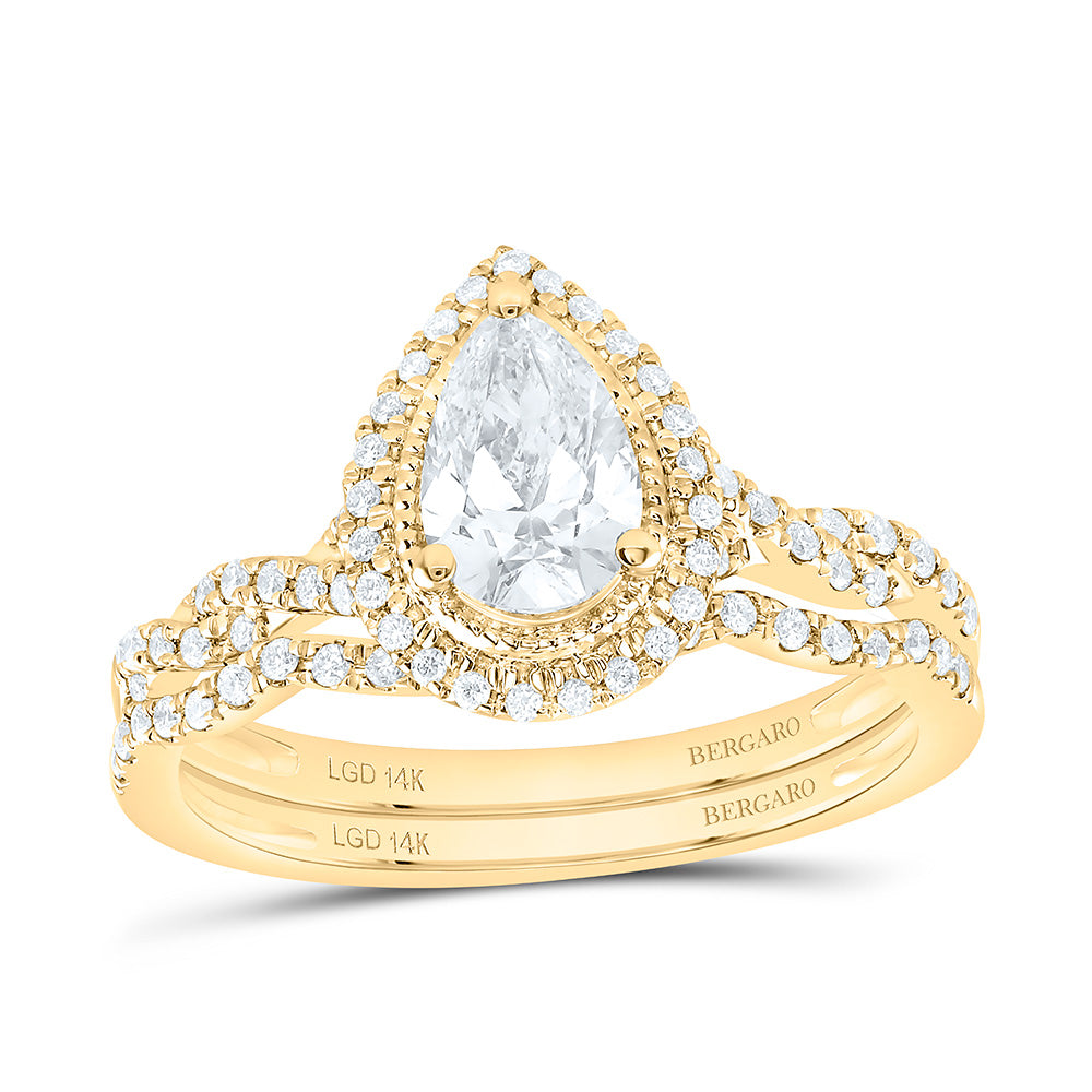 14K Yellow Or White Gold 1 Cttw Lab Grown Diamond 3/4 Cttw Center Pear Single Halo Bridal Set