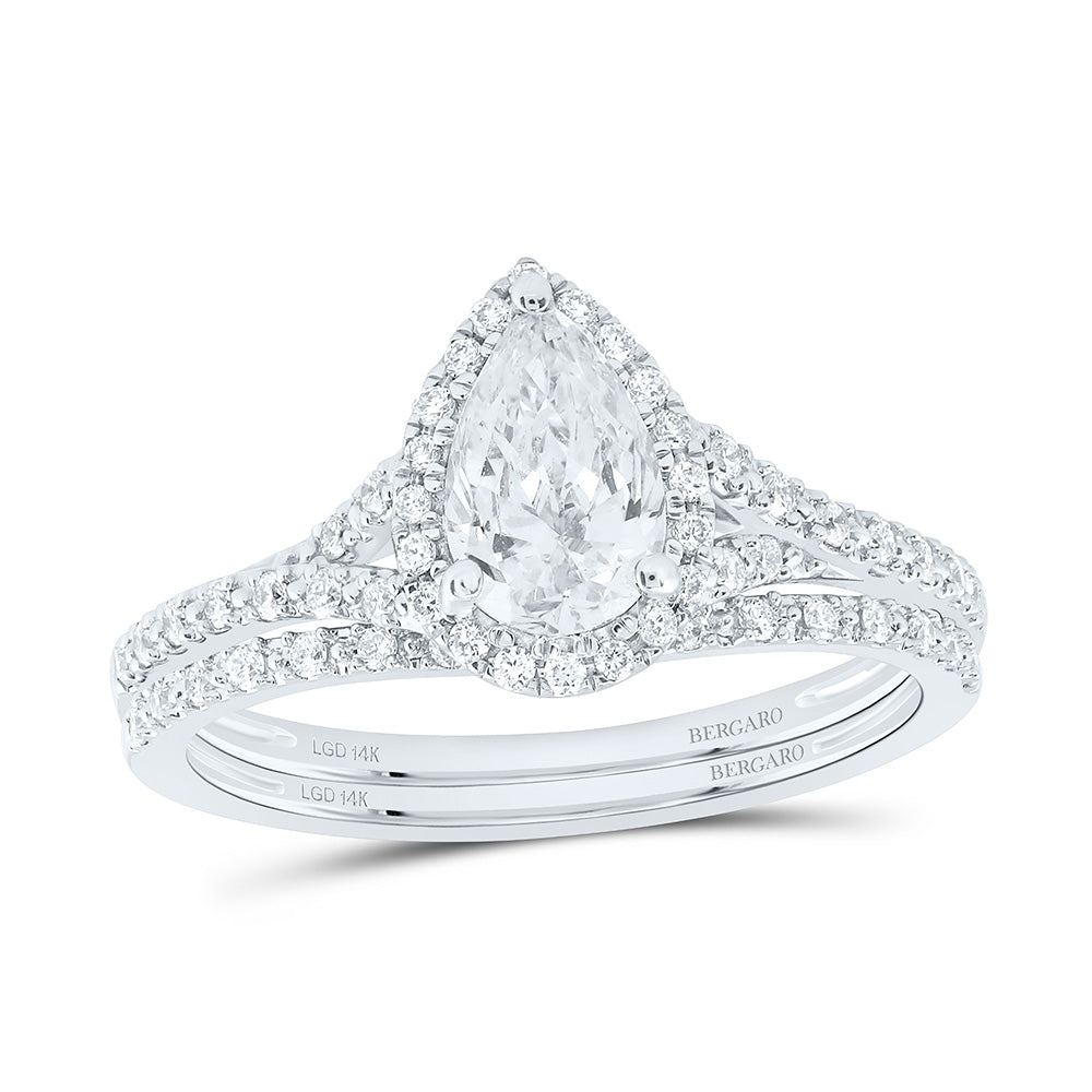 14K Yellow Or White Gold 1 Cttw Lab Grown Diamond 3/4 Cttw Center Pear Single Halo Bridal Set