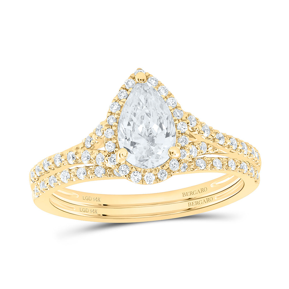 14K Yellow Or White Gold 1 Cttw Lab Grown Diamond 3/4 Cttw Center Pear Single Halo Bridal Set