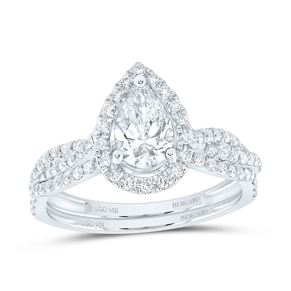 14K Yellow Or White Gold 1 1/3 Cttw Lab Grown Diamond 3/4 Cttw Center Pear Single Halo Bridal Set
