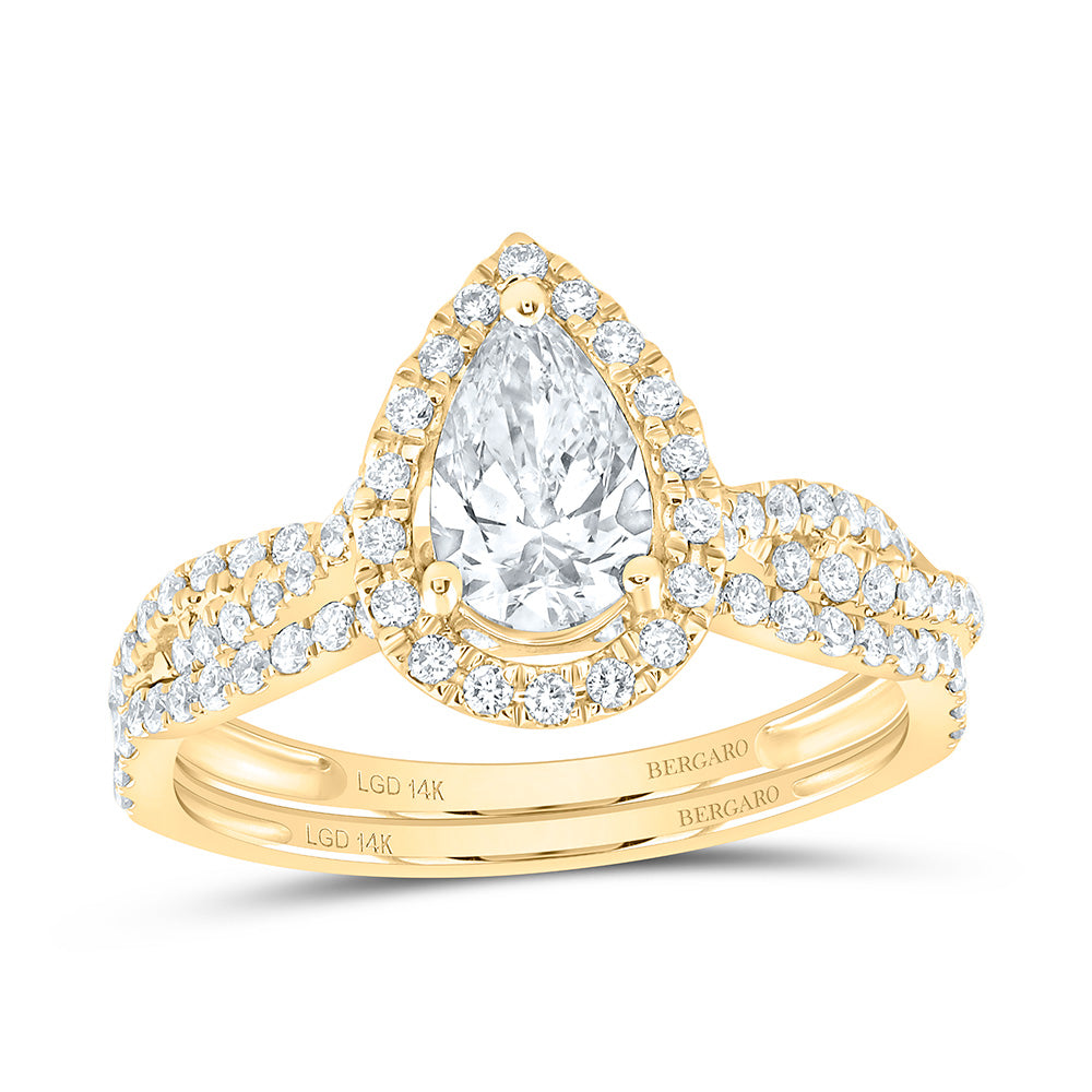 14K Yellow Or White Gold 1 1/3 Cttw Lab Grown Diamond 3/4 Cttw Center Pear Single Halo Bridal Set