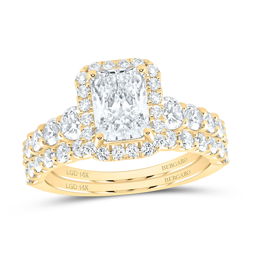 14K Yellow Or White Gold 3 Cttw Lab Grown Diamond 1 1/2 Cttw Center Radiant Single Halo Bridal Set