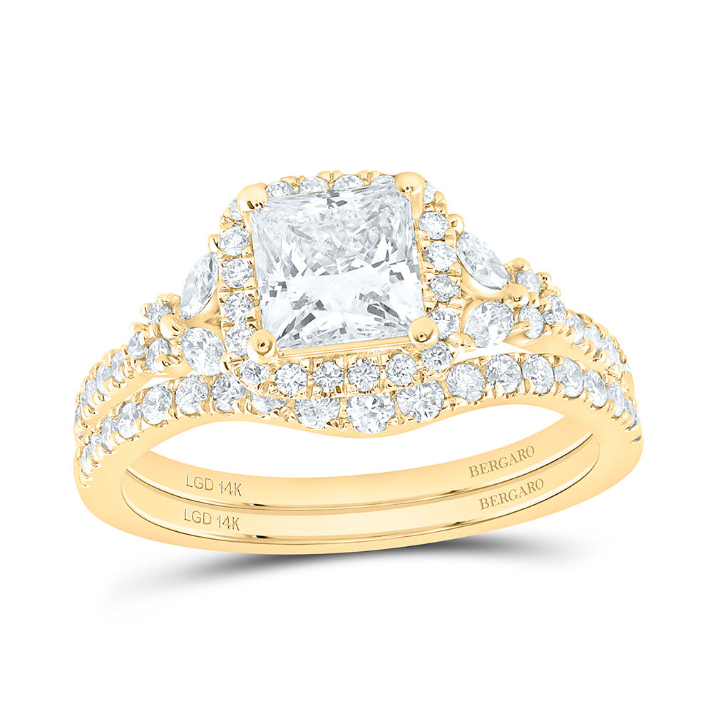 14K Yellow Or White Gold 1 5/8 Cttw Lab Grown Diamond 1 Cttw Center Princess Single Halo Bridal Set