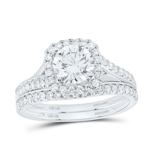 14K Yellow Or White Gold 1 1/2 Cttw Lab Grown Diamond 1 Cttw Center Round Cushion Single Halo Bridal Set