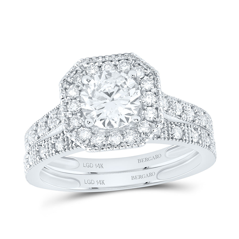 14K Yellow Or White Gold 1 1/2 Cttw Lab Grown Diamond 1 Cttw Center Round Octagon Single Halo Bridal Set