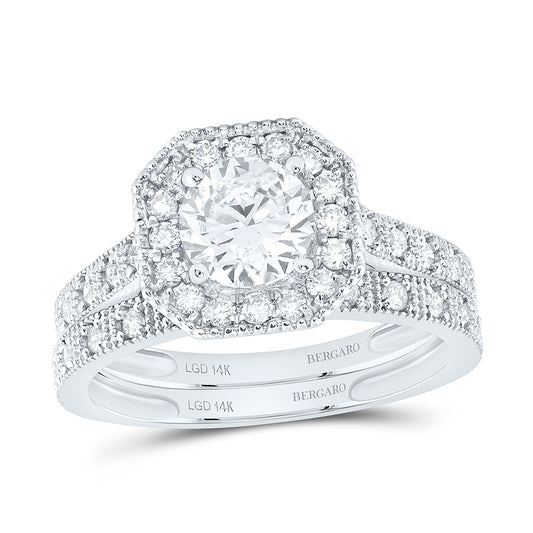 14K Yellow Or White Gold 1 1/2 Cttw Lab Grown Diamond 1 Cttw Center Round Octagon Single Halo Bridal Set