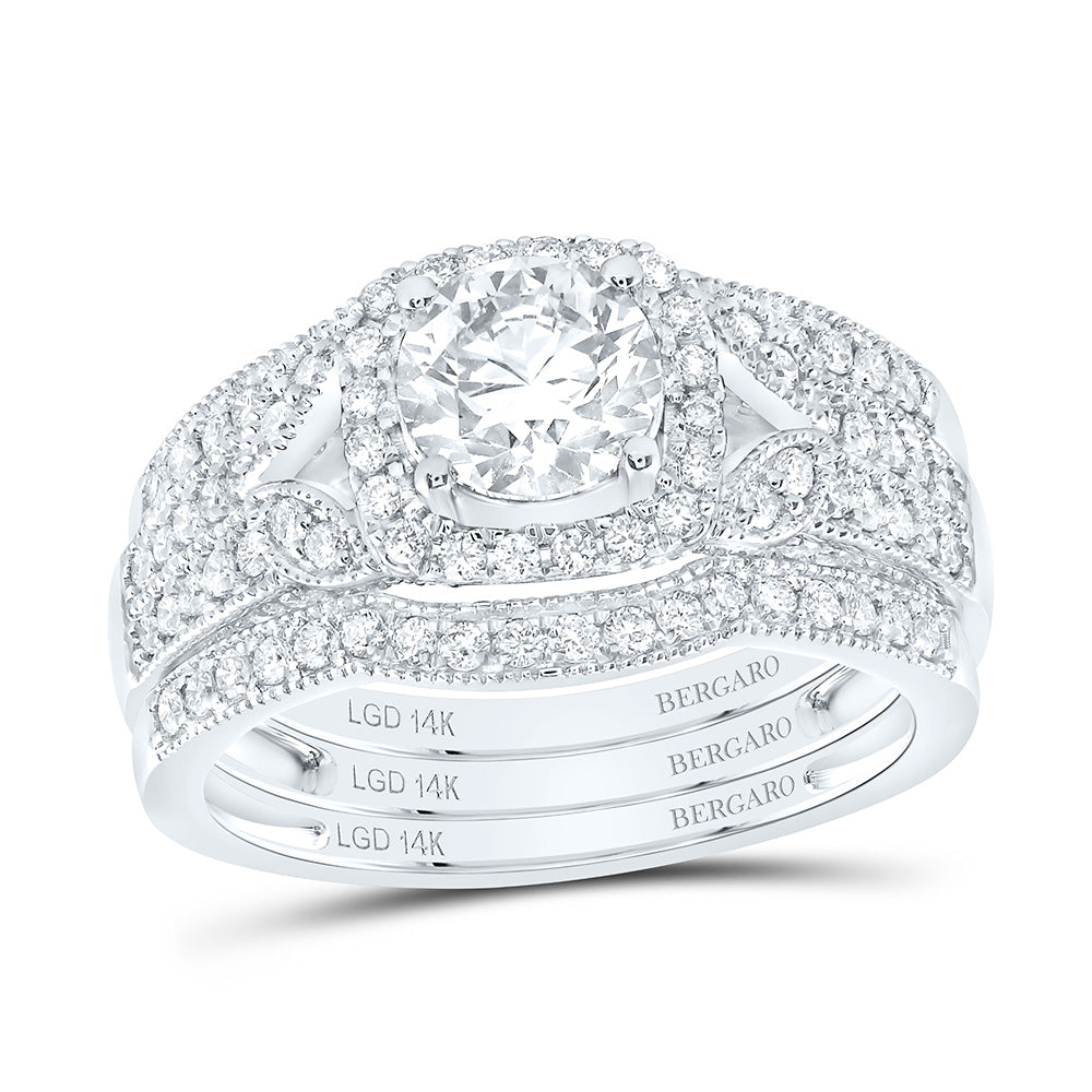 14K Yellow Or White Gold 1 3/4 Cttw Lab Grown Diamond 1 Cttw Center Round Cushion Single Halo Bridal Set
