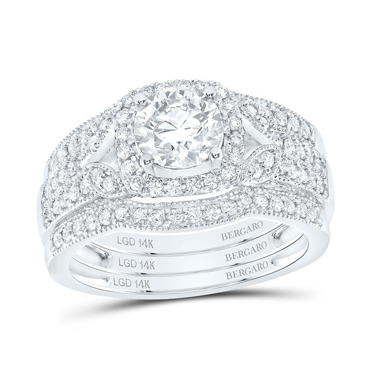 14K Yellow Or White Gold 1 3/4 Cttw Lab Grown Diamond 1 Cttw Center Round Cushion Single Halo Bridal Set