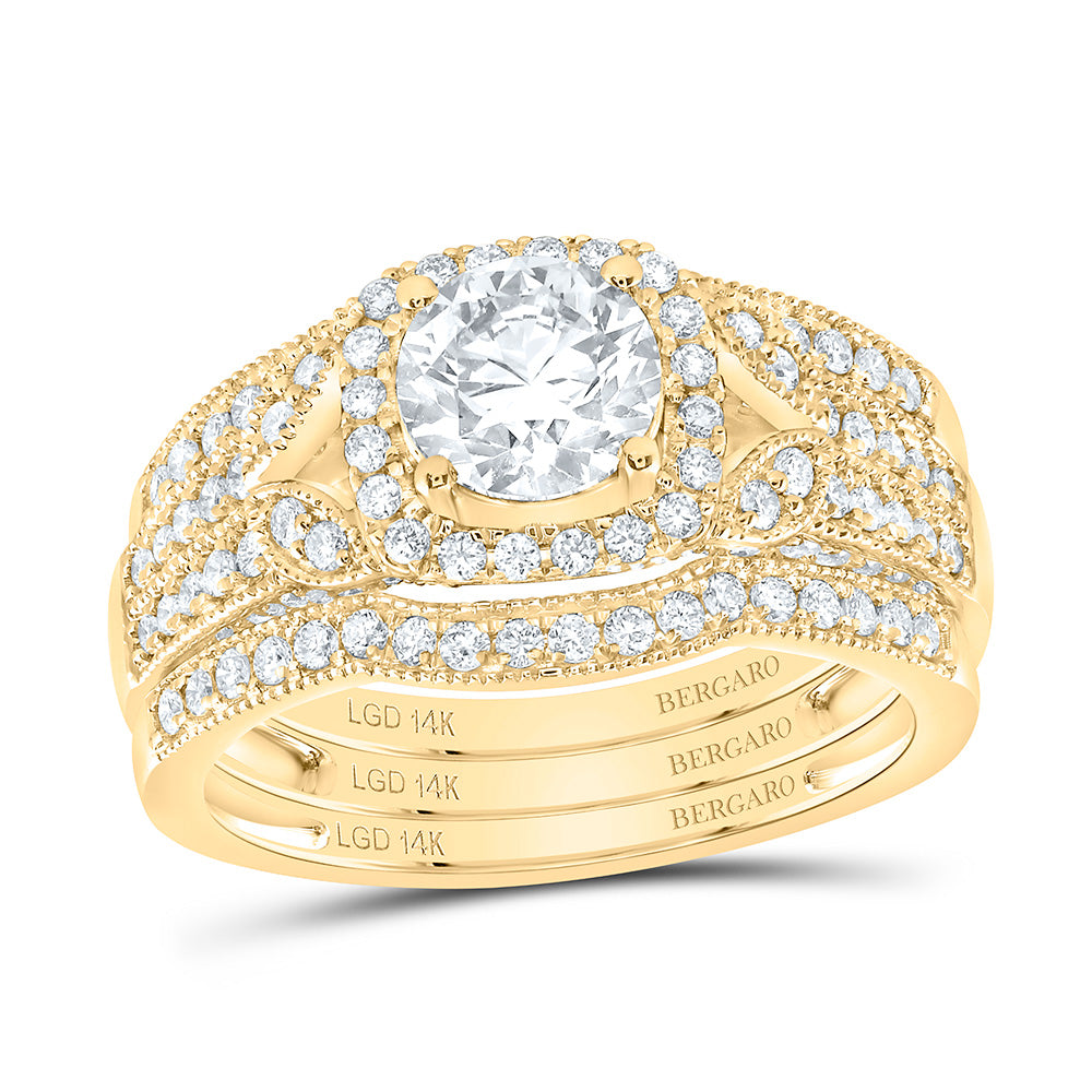 14K Yellow Or White Gold 1 3/4 Cttw Lab Grown Diamond 1 Cttw Center Round Cushion Single Halo Bridal Set