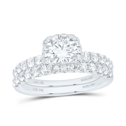 14K Yellow Or White Gold 1 7/8 Cttw Lab Grown Diamond 1 Cttw Center Round Cushion Single Halo Bridal Set