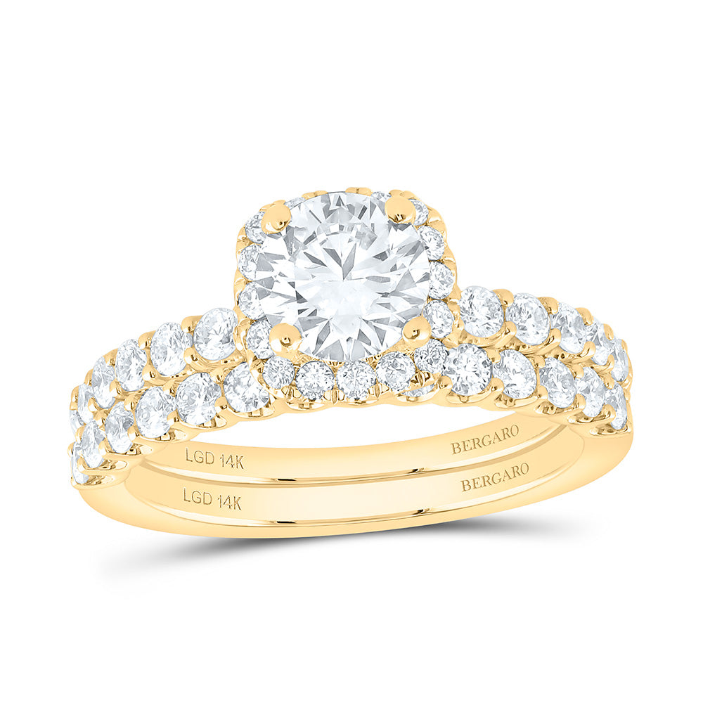 14K Yellow Or White Gold 1 7/8 Cttw Lab Grown Diamond 1 Cttw Center Round Cushion Single Halo Bridal Set