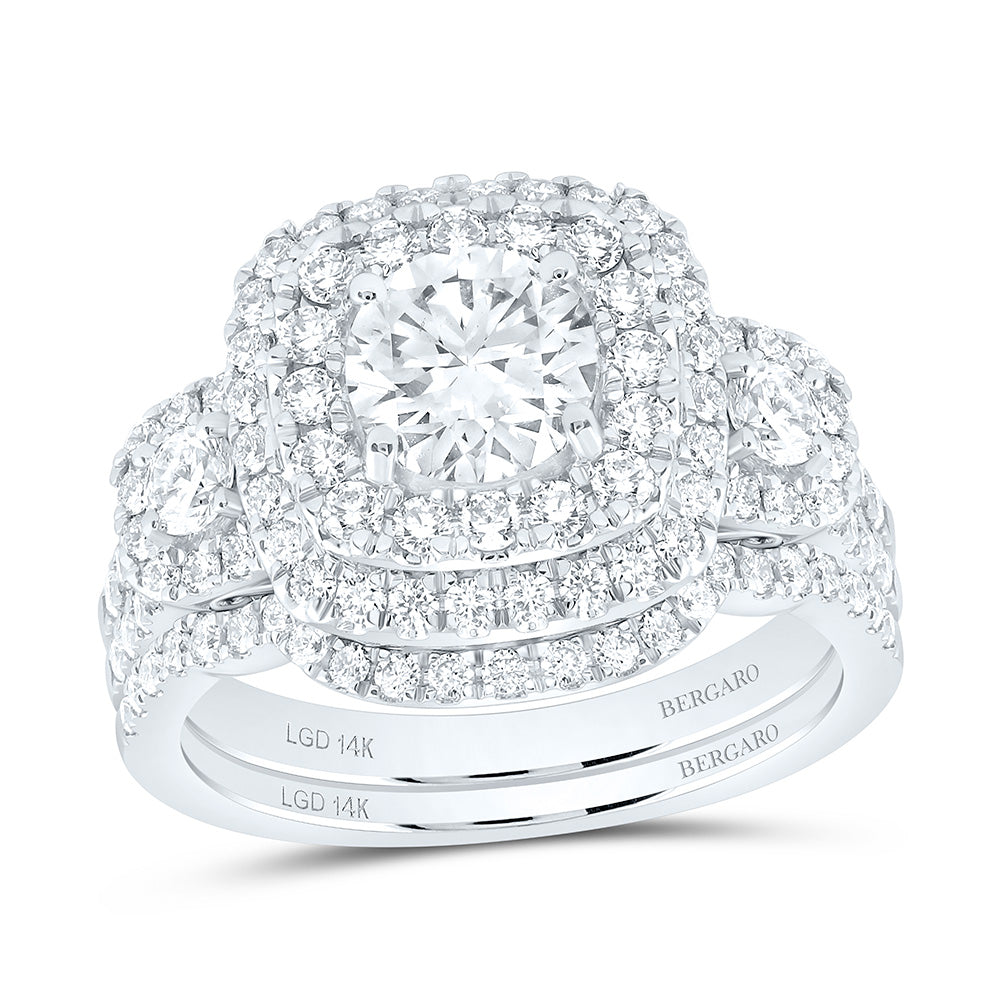 14K Yellow Or White Gold 2 Cttw Lab Grown Diamond 1 Cttw Center Round Cushion Double Halo Bridal Set