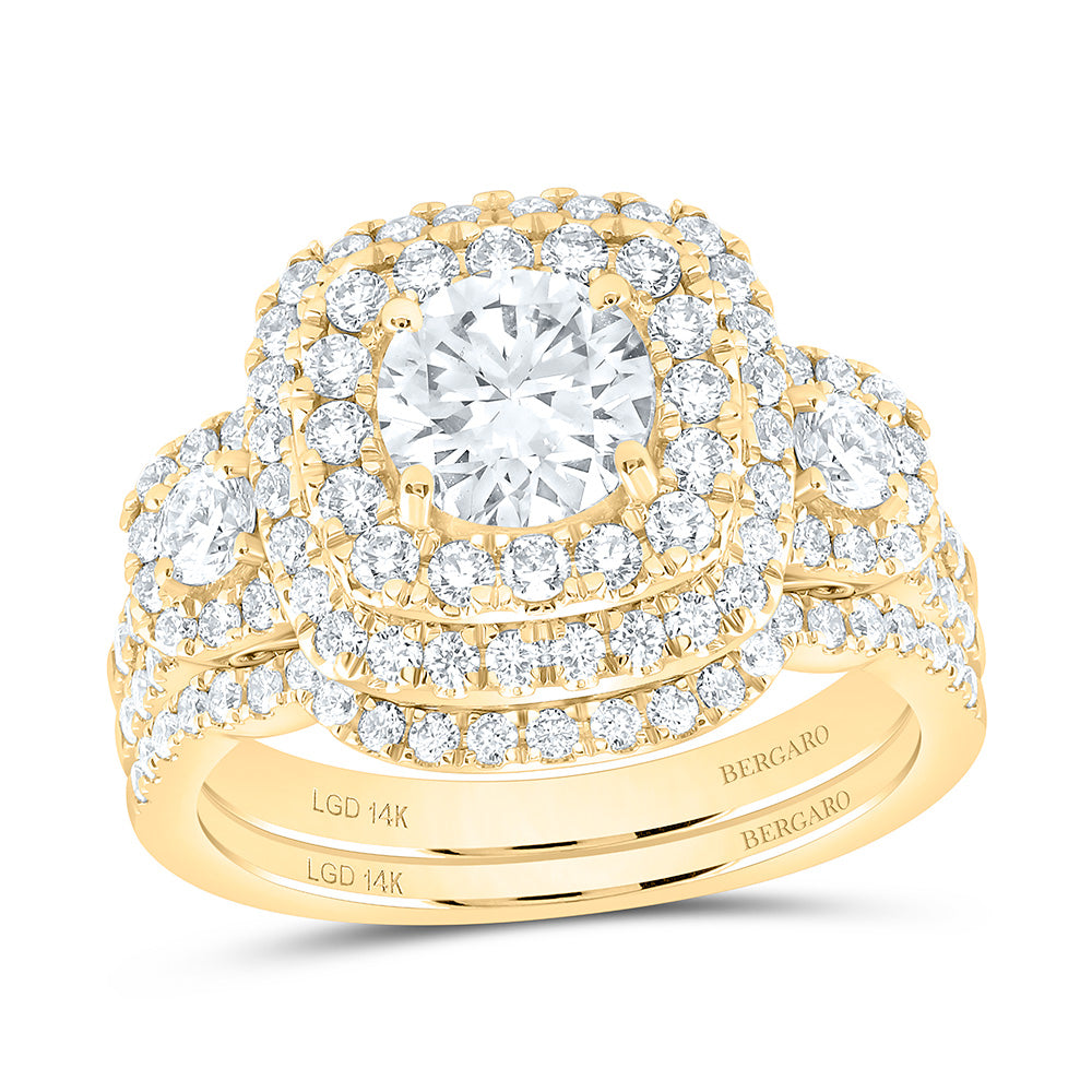 14K Yellow Or White Gold 2 Cttw Lab Grown Diamond 1 Cttw Center Round Cushion Double Halo Bridal Set