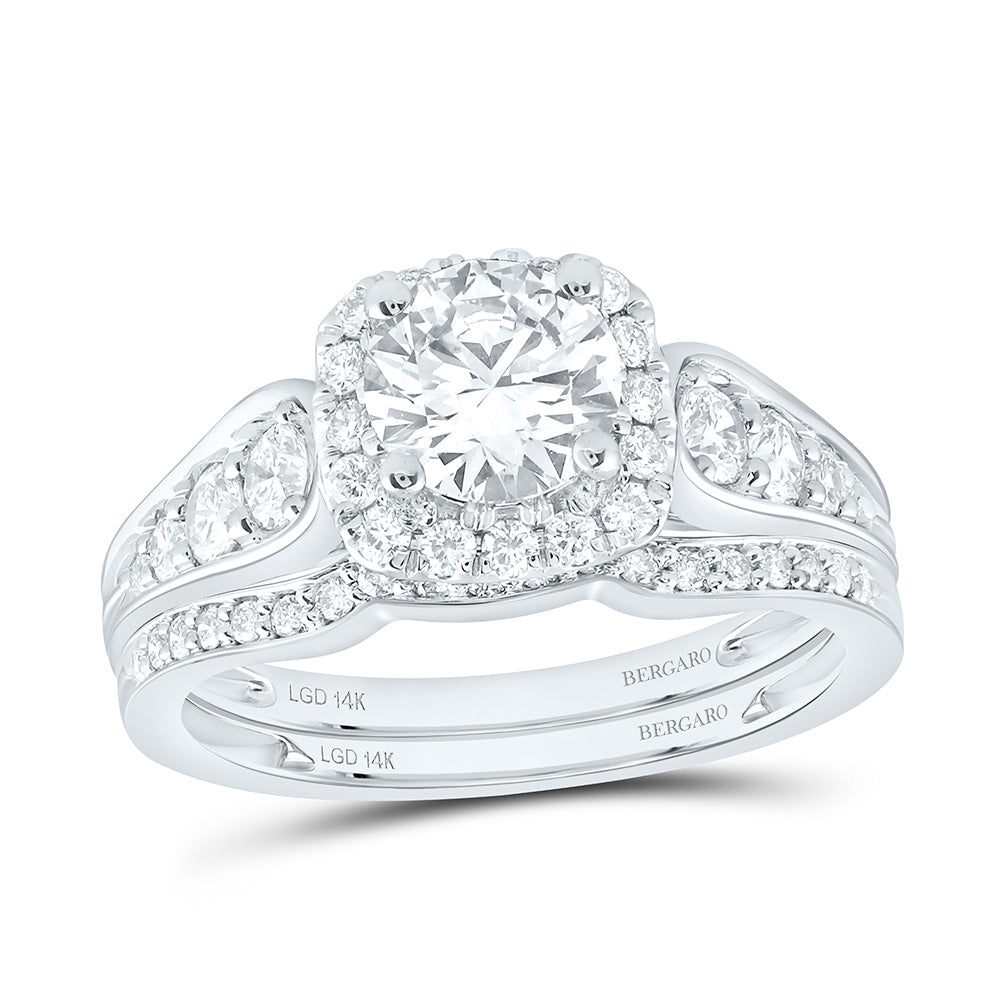 14K Yellow Or White Gold 1 3/4 Cttw Lab Grown Diamond 1 Cttw Center Round Cushion Single Halo Bridal Set