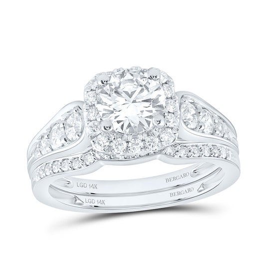 14K Yellow Or White Gold 1 3/4 Cttw Lab Grown Diamond 1 Cttw Center Round Cushion Single Halo Bridal Set