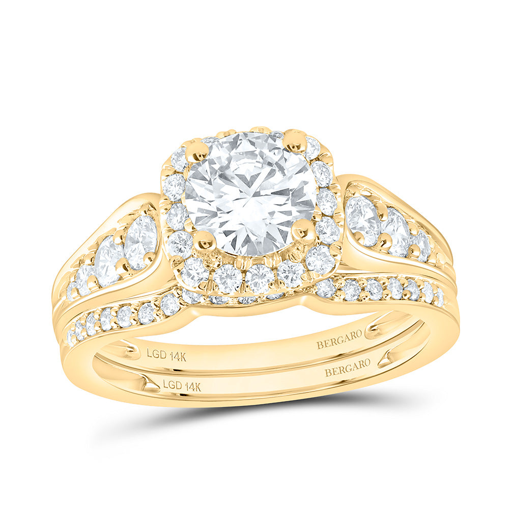 14K Yellow Or White Gold 1 3/4 Cttw Lab Grown Diamond 1 Cttw Center Round Cushion Single Halo Bridal Set