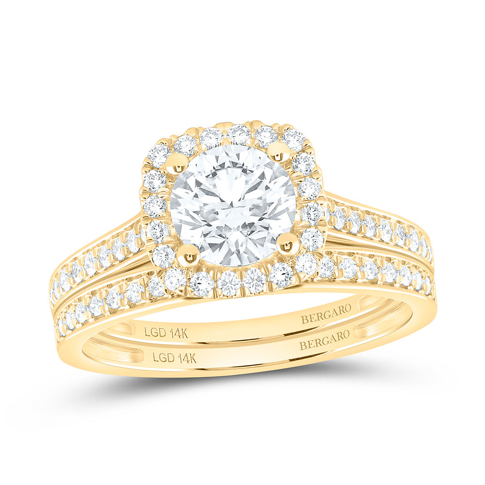 14K Yellow Or White Gold 1 1/3 Cttw Lab Grown Diamond 1 Cttw Center Round Cushion Single Halo Bridal Set