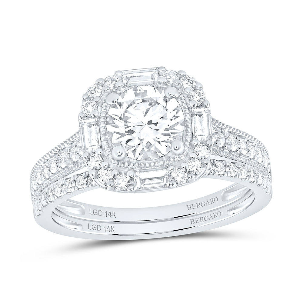 14K Yellow Or White Gold 1 3/4 Cttw Lab Grown Diamond 1 Cttw Center Round Cushion Single Halo Bridal Set