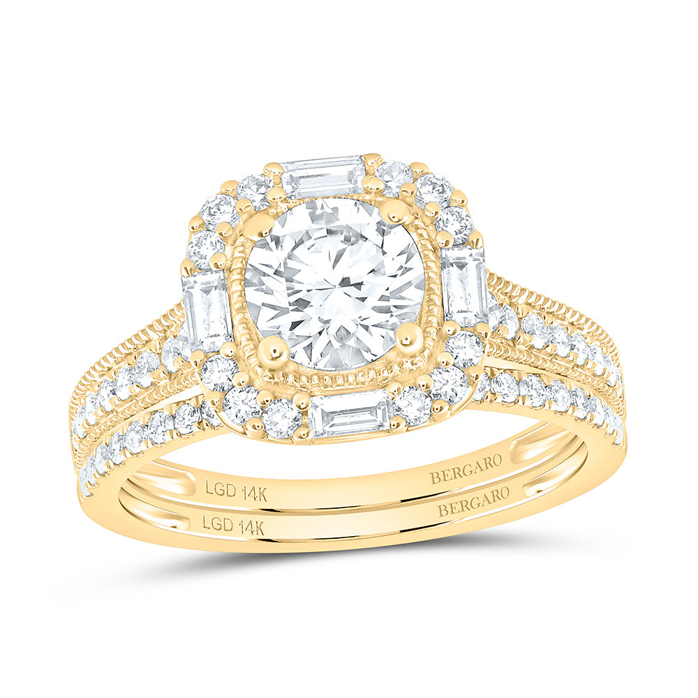 14K Yellow Or White Gold 1 3/4 Cttw Lab Grown Diamond 1 Cttw Center Round Cushion Single Halo Bridal Set