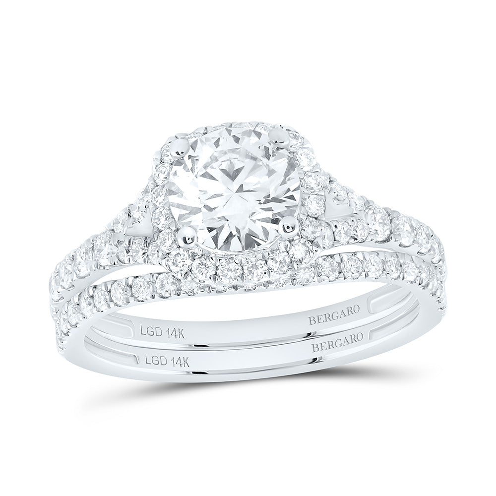 14K Yellow Or White Gold 1 3/4 Cttw Lab Grown Diamond 1 Cttw Center Round Cushion Single Halo Bridal Set