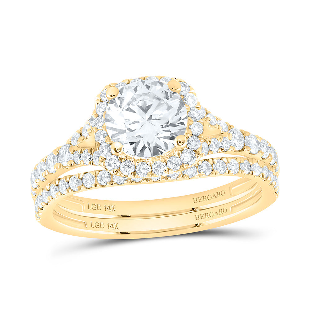 14K Yellow Or White Gold 1 3/4 Cttw Lab Grown Diamond 1 Cttw Center Round Cushion Single Halo Bridal Set
