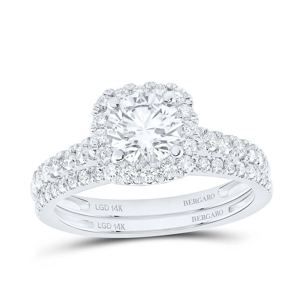 14K Yellow Or White Gold 1 3/4 Cttw Lab Grown Diamond 1 Cttw Center Round Cushion Single Halo Bridal Set