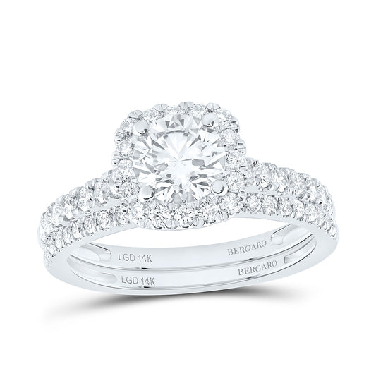 14K Yellow Or White Gold 1 3/4 Cttw Lab Grown Diamond 1 Cttw Center Round Cushion Single Halo Bridal Set