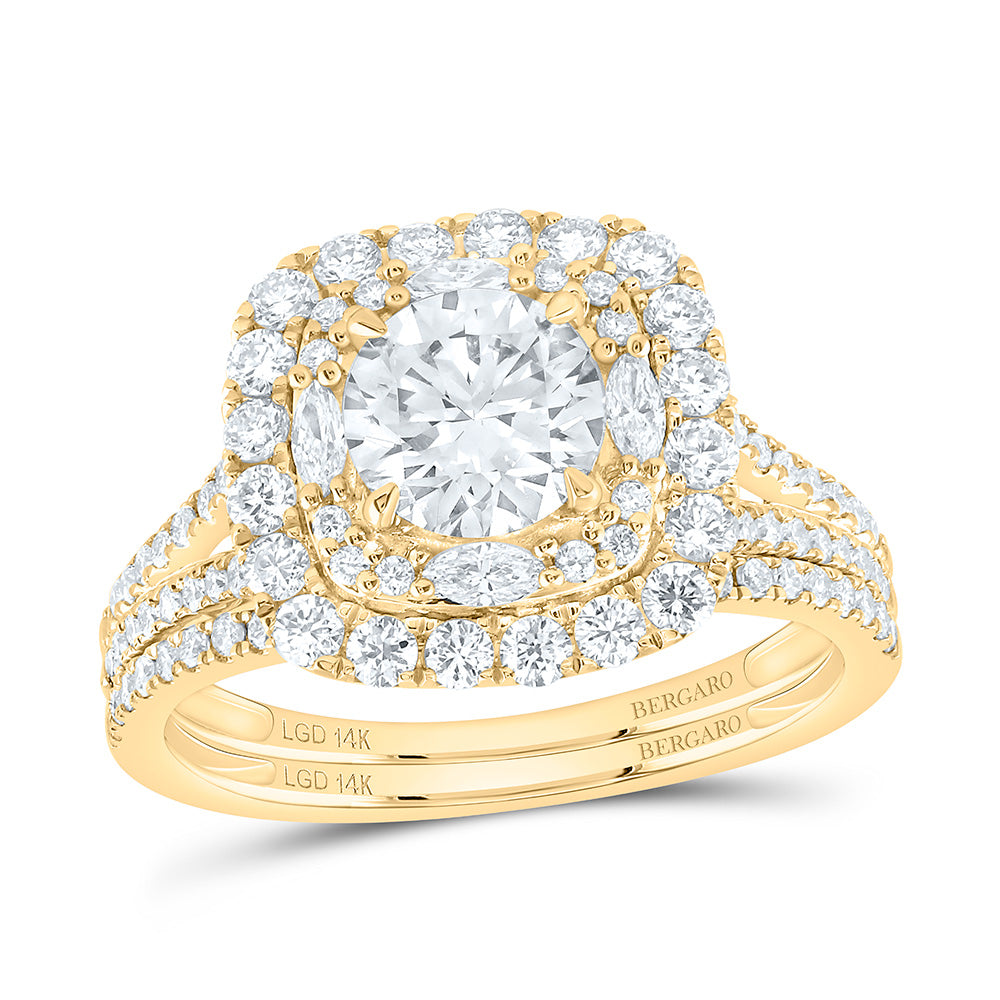 14K Yellow Or White Gold 2 Cttw Lab Grown Diamond 1 Cttw Center Round Cushion Double Halo Bridal Set