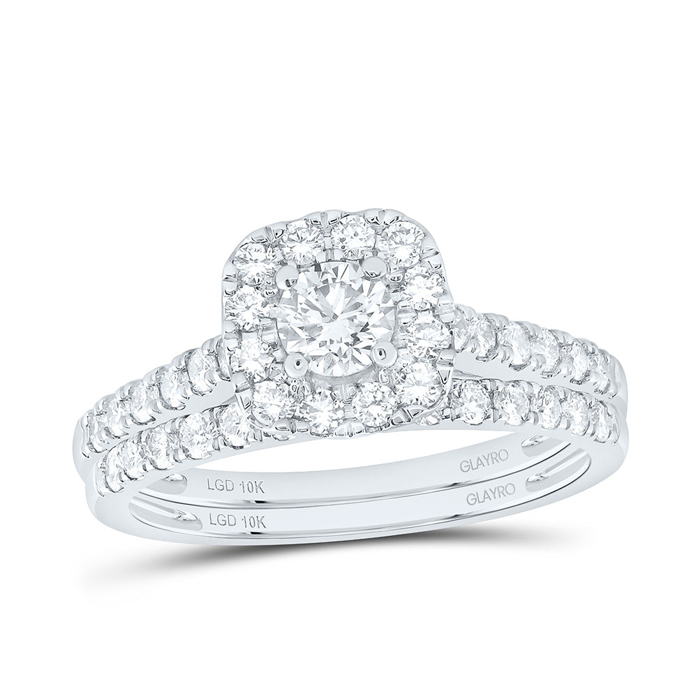 10K Yellow Or White Gold 1 Cttw Lab Grown Diamond 1/3 Cttw Center Round Cushion Single Halo Bridal Set