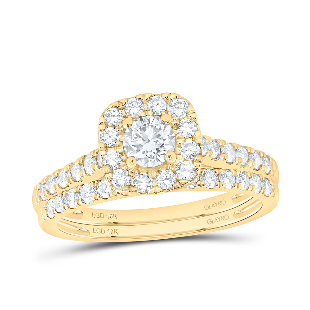 10K Yellow Or White Gold 1 Cttw Lab Grown Diamond 1/3 Cttw Center Round Cushion Single Halo Bridal Set
