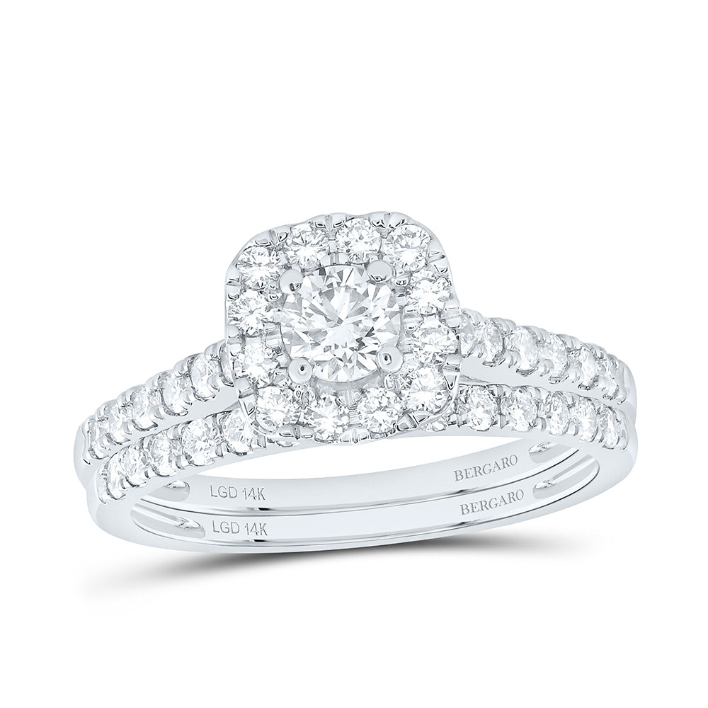 14K Yellow Or White Gold 1 Cttw Lab Grown Diamond 1/3 Cttw Center Round Cushion Single Halo Bridal Set