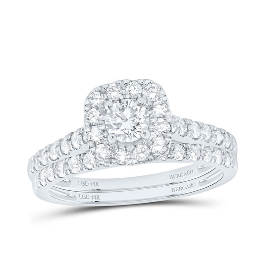 14K Yellow Or White Gold 1 Cttw Lab Grown Diamond 1/3 Cttw Center Round Cushion Single Halo Bridal Set