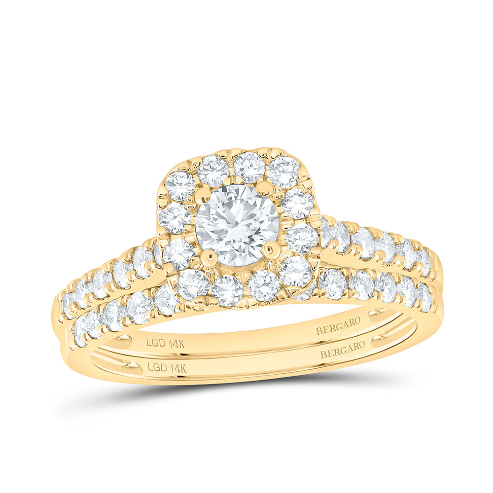 14K Yellow Or White Gold 1 Cttw Lab Grown Diamond 1/3 Cttw Center Round Cushion Single Halo Bridal Set