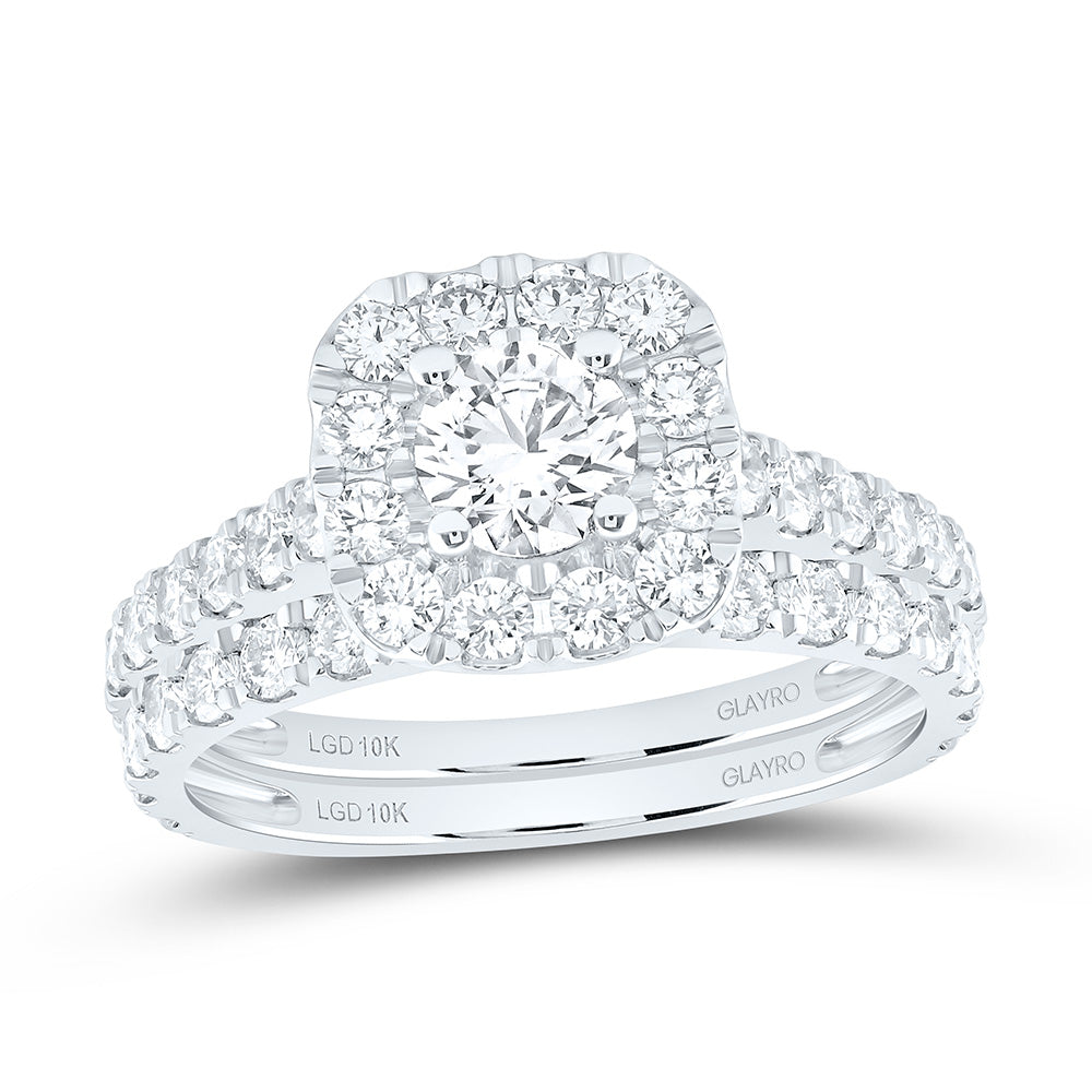10K Yellow Or White Gold 2 Cttw Lab Grown Diamond 1/2 Cttw Center Round Cushion Single Halo Bridal Set