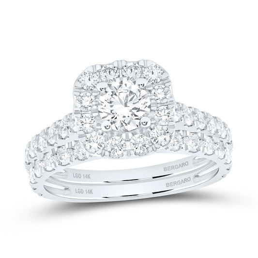 14K Yellow Or White Gold 2 Cttw Lab Grown Diamond 1/2 Cttw Center Round Cushion Single Halo Bridal Set