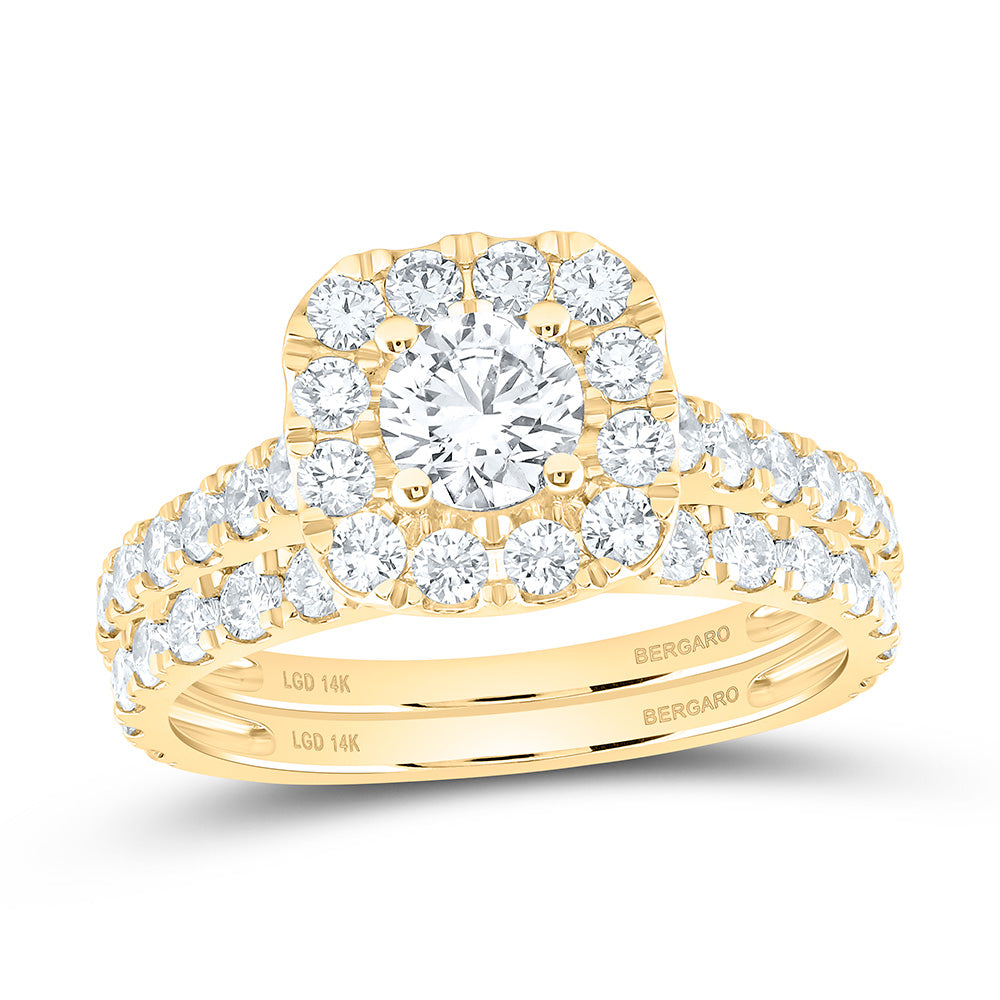 14K Yellow Or White Gold 2 Cttw Lab Grown Diamond 1/2 Cttw Center Round Cushion Single Halo Bridal Set