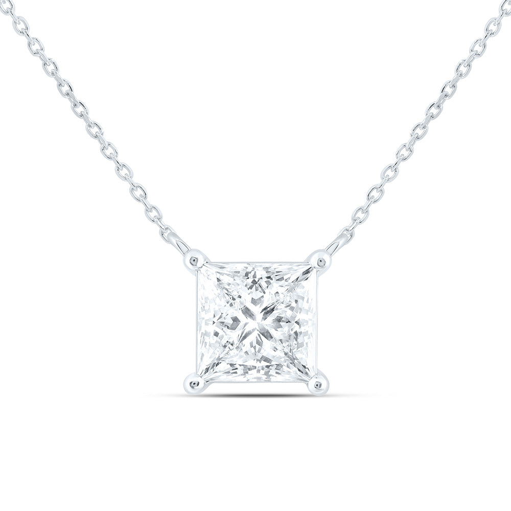 14K Yellow Or White Gold 1 1/2 Cttw Lab Grown Diamond Fashion Princess Solitaire Necklace (18 Inch)
