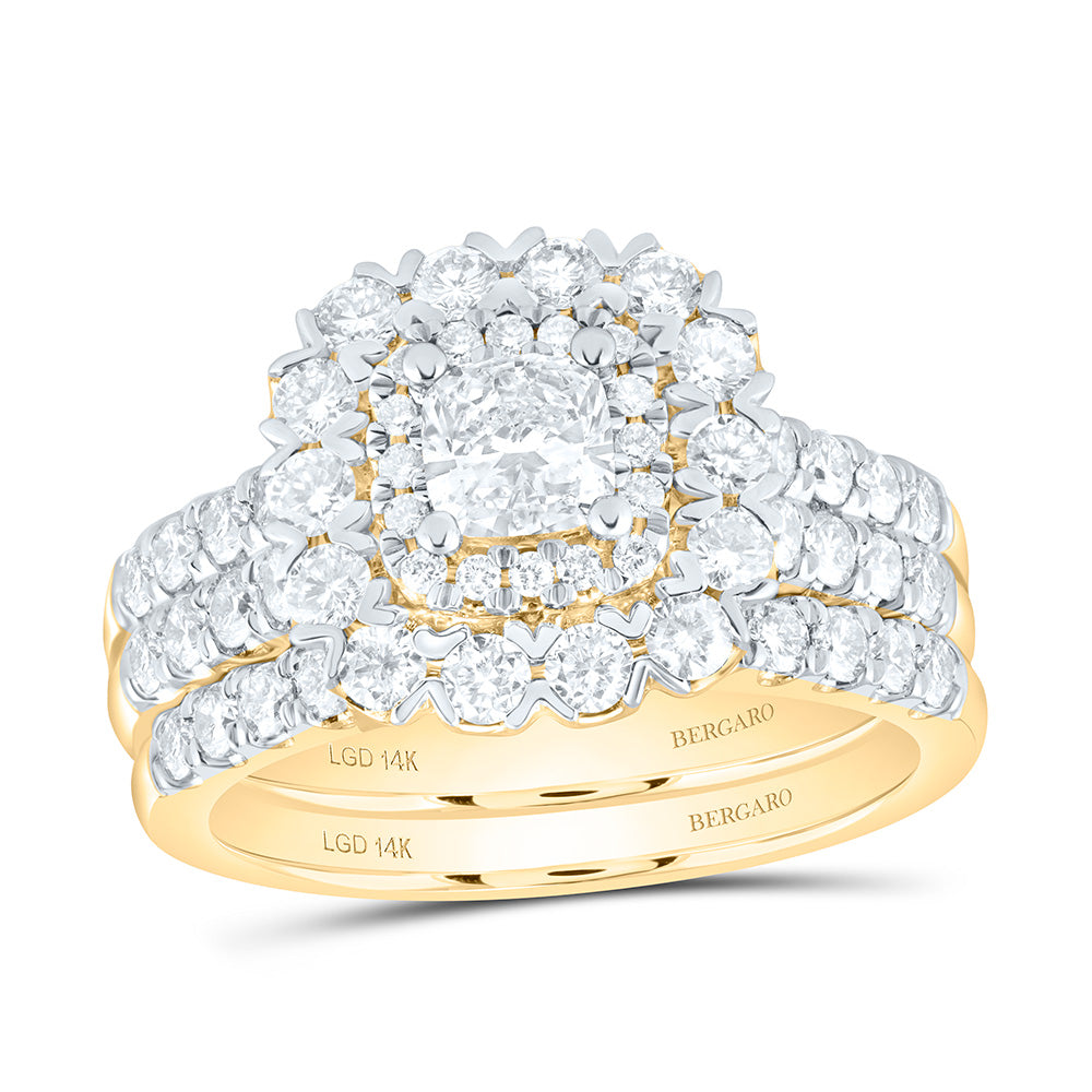 14K Yellow Or White Gold 1 7/8 Cttw Lab Grown Diamond 1/2 Cttw Center Cushion Double Halo Bridal Set