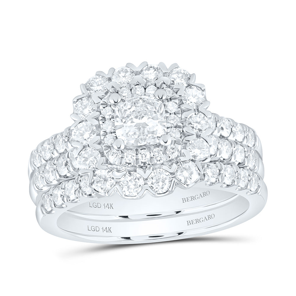 14K Yellow Or White Gold 1 7/8 Cttw Lab Grown Diamond 1/2 Cttw Center Cushion Double Halo Bridal Set