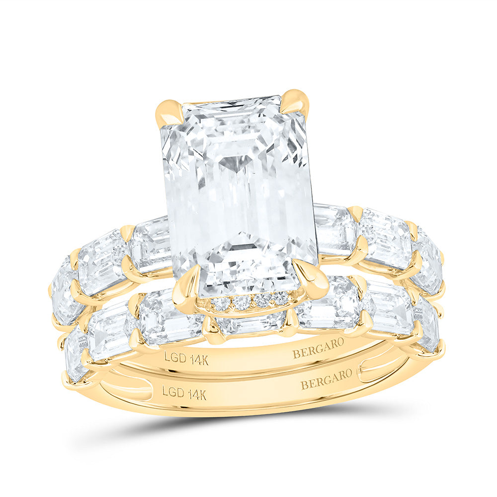 14K Yellow Gold 8 3/8 Cttw Lab Grown Diamond 5 Cttw Center Emerald Bridal Set