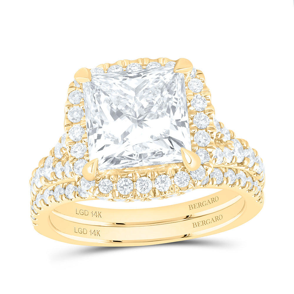 14K Yellow Gold 5 1/3 Cttw Lab Grown Diamond 4 Cttw Center Princess Cushion Single Halo Bridal Set
