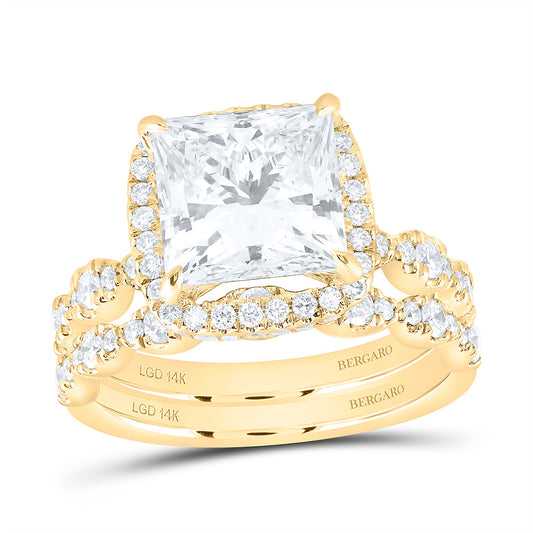 14K Yellow Gold 5 Cttw Lab Grown Diamond 4 Cttw Center Princess Cushion Single Halo Bridal Set