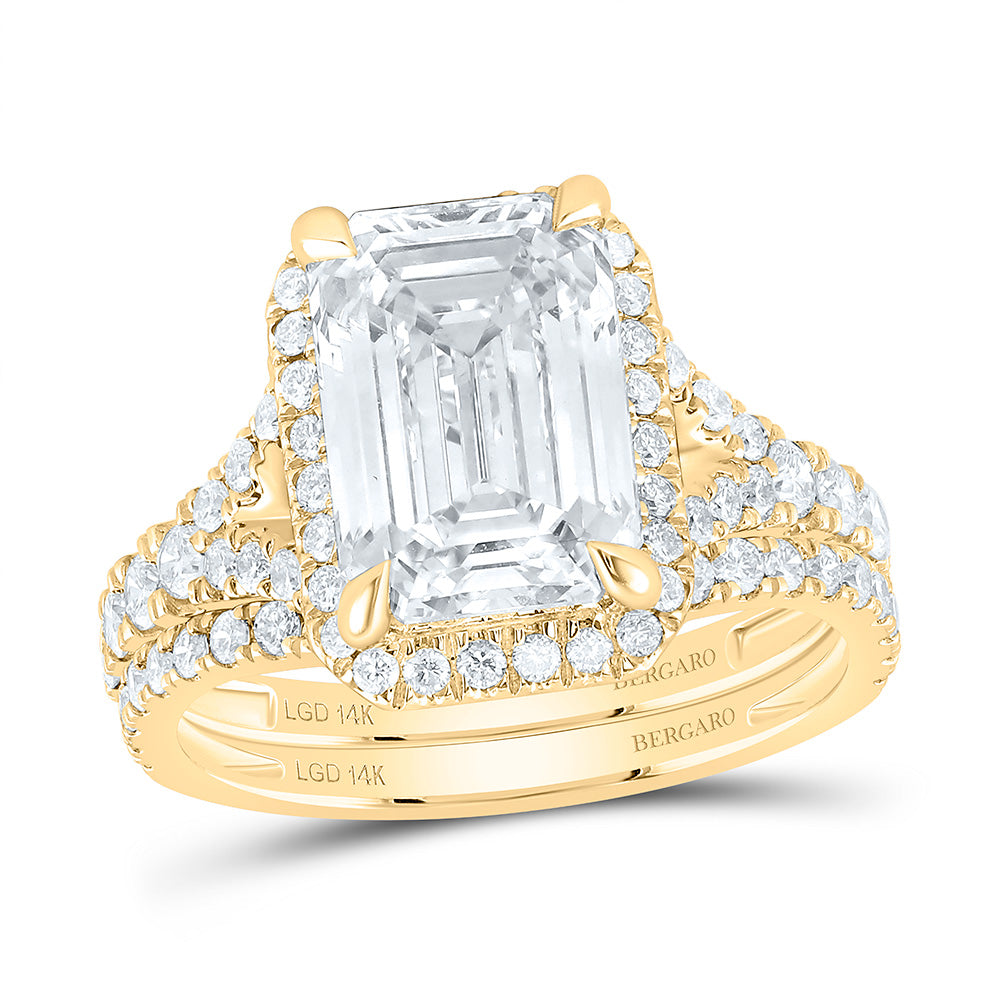 14K Yellow Gold 5 Cttw Lab Grown Diamond 4 Cttw Center Emerald Silnge Halo Bridal Set
