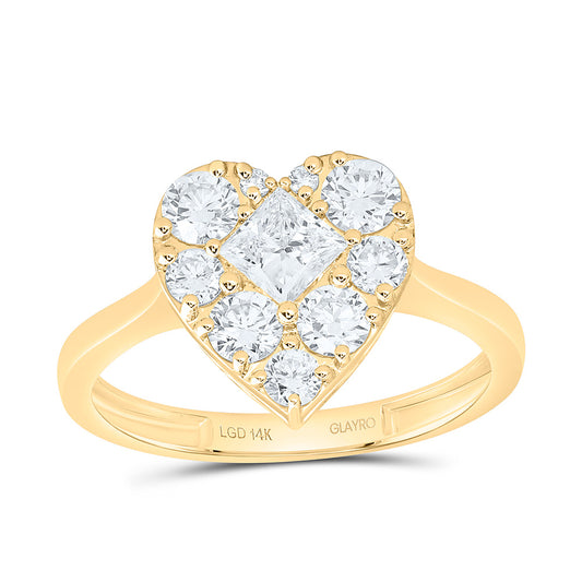 10K Yellow Gold 1 Cttw Lab Grown Diamond 3/8 Cttw Center Princess Fashion Heart Ring