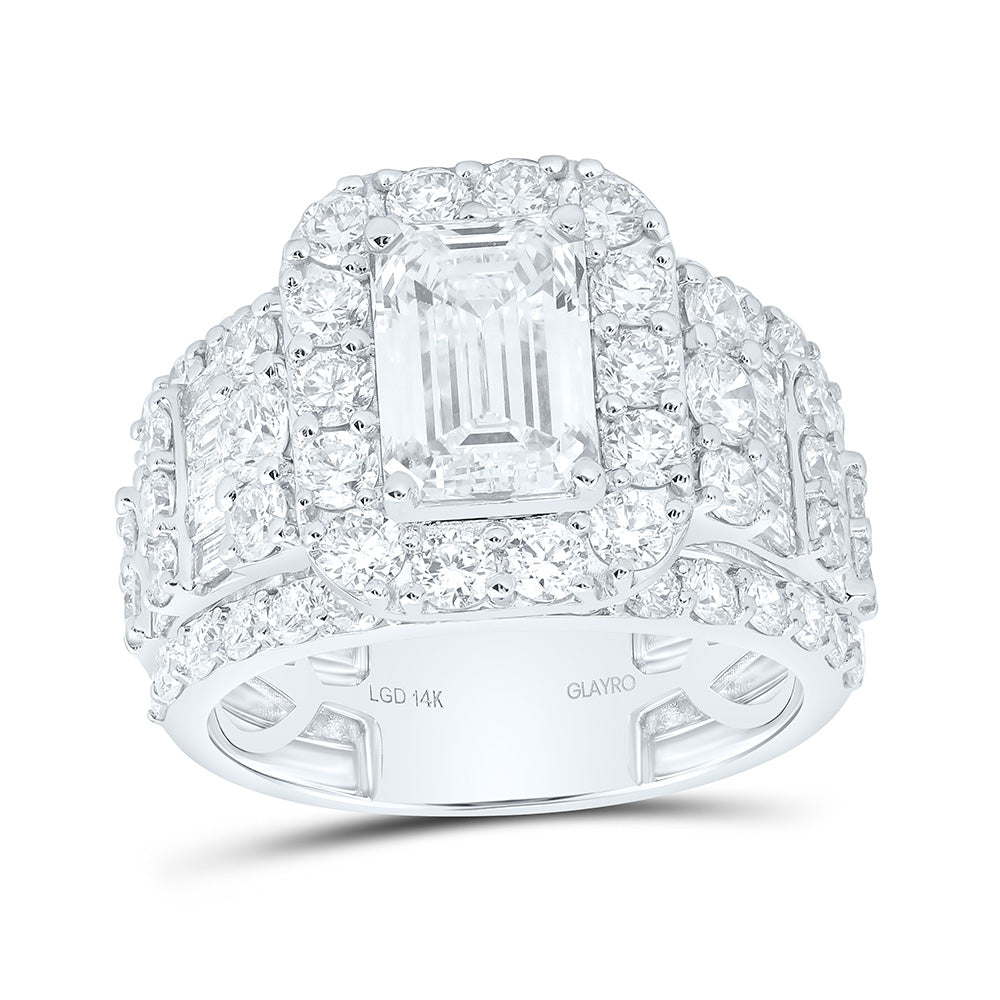 14K Yellow Or White Gold 4 7/8 Cttw Lab Grown Diamond 2 Cttw Center Emerald Single Halo Engagement Ring