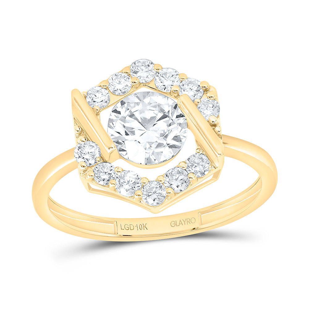 10K Yellow Or White Gold 1 1/3 Cttw Lab Grown Diamond 7/8 Cttw Center Round Fashion Hexagon Ring
