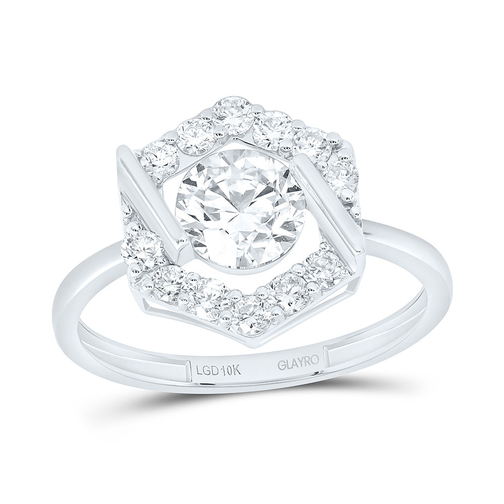 10K Yellow Or White Gold 1 1/3 Cttw Lab Grown Diamond 7/8 Cttw Center Round Fashion Hexagon Ring