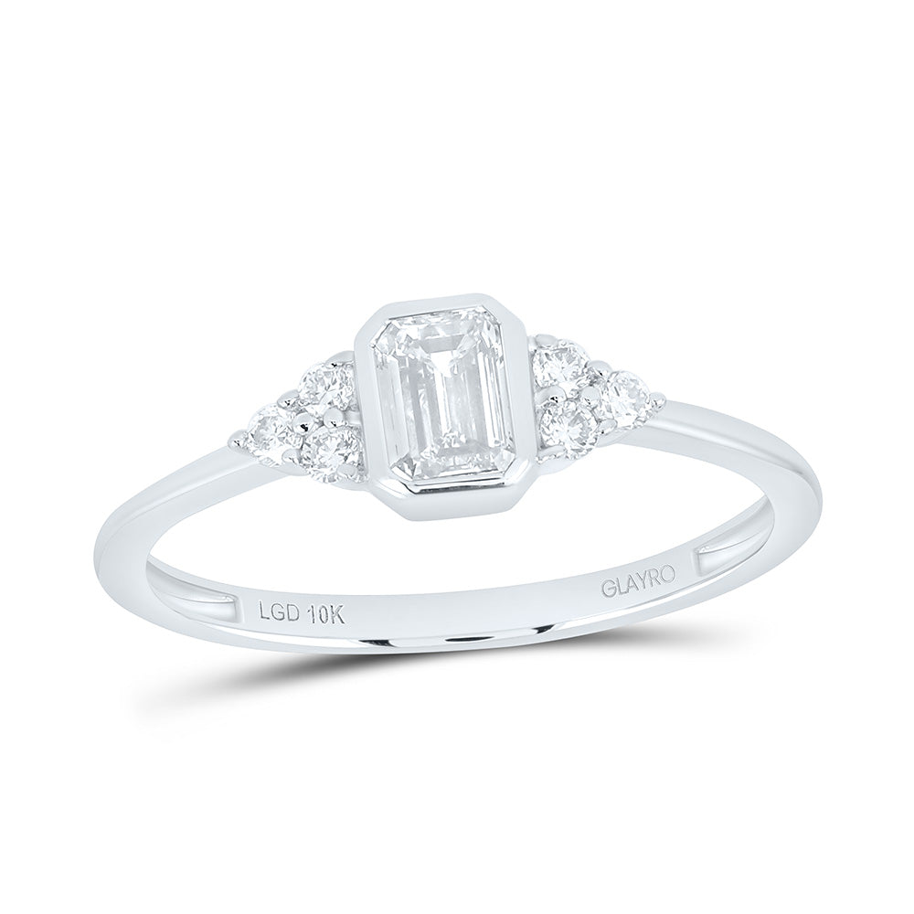 10K Yellow Or White Gold 1/2 Cttw Lab Grown Diamond 3/8 Cttw Center Emerald Octagon Bezel Engagement Ring