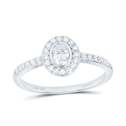10K White Gold 3/8 Cttw Lab Grown Diamond 1/5 Cttw Center Oval Bezel Single Halo Engagement Ring