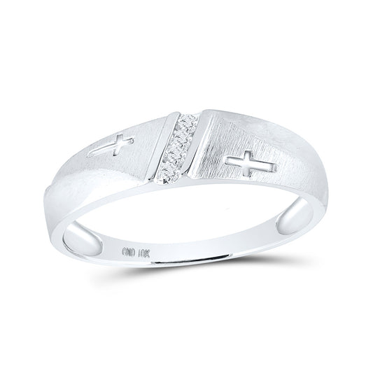 10K White Gold Mens Round Diamond Single Row Cross Wedding Band 1/20 Cttw, Mens Size: 7-13